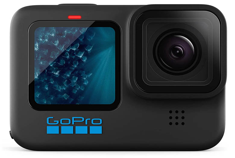 black gopro action camera with a screen next to the camera lens