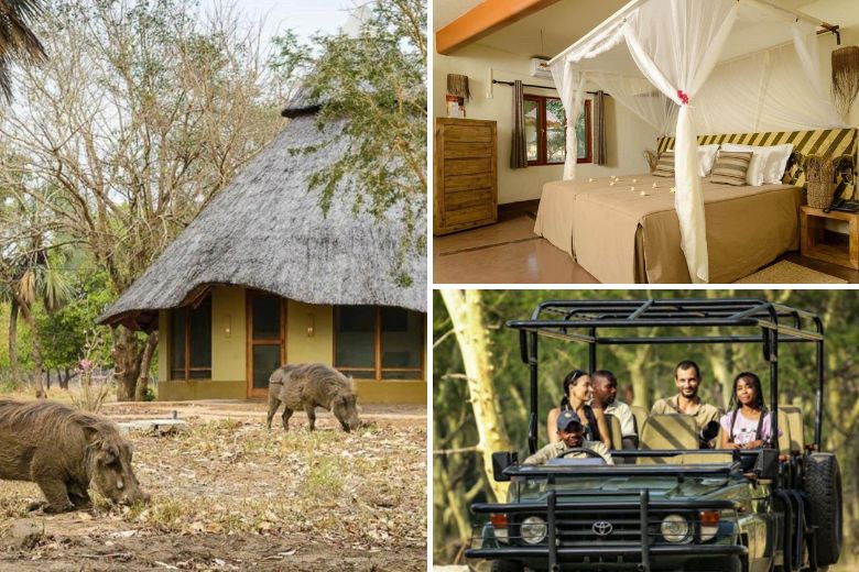 a collage of Montebelo Gorongosa Lodge that offers safari tours at the national Park in Mozambique