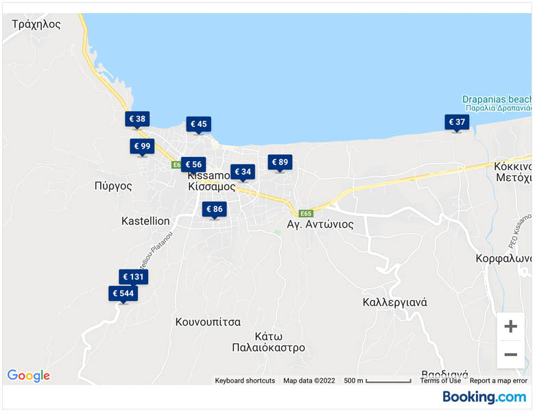 a map of kissamos with tags to compare hotel prices