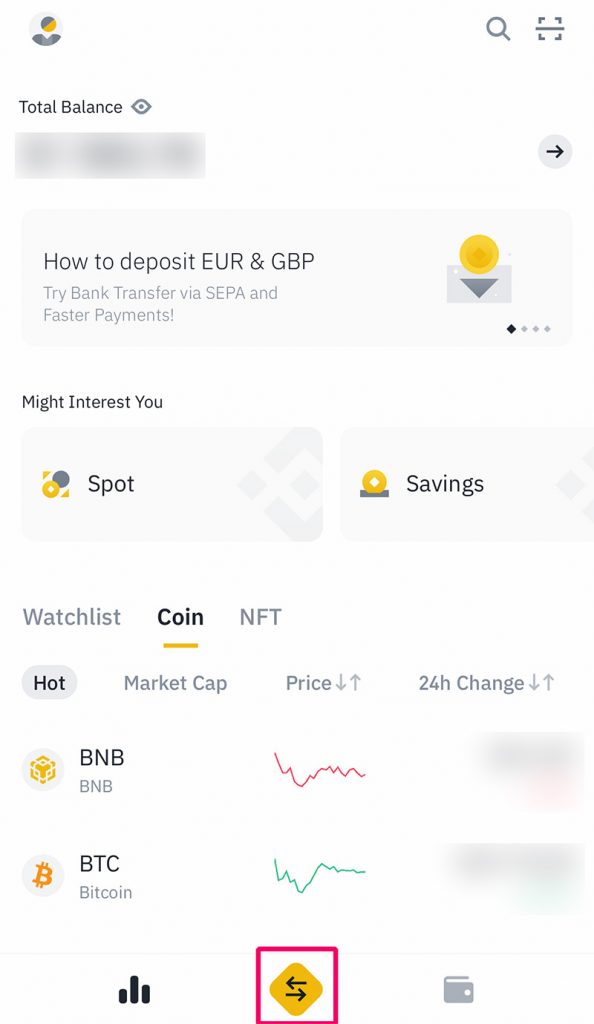 screenshot of binance app with directions on how to deposit on binance without fees