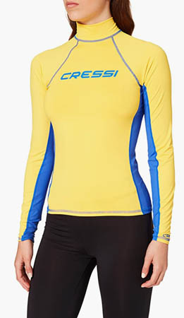 a yellow and blue long sleeve rash vest by cressi for scuba diving, surfing or watersports