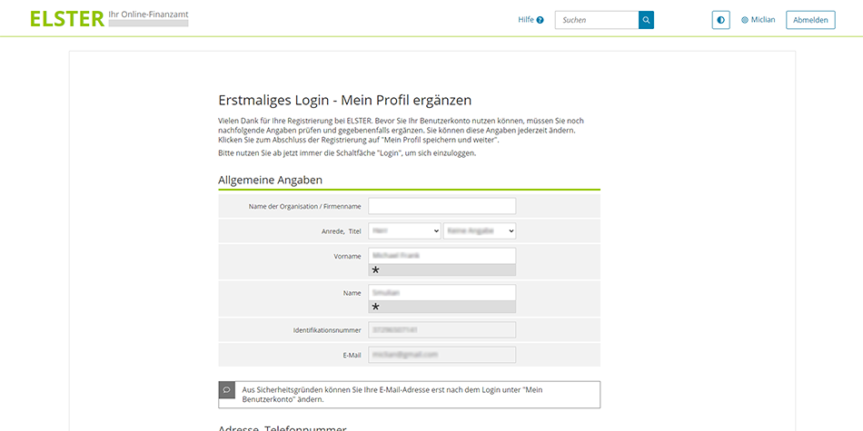 add and save your German income tax number on your ELSTER account