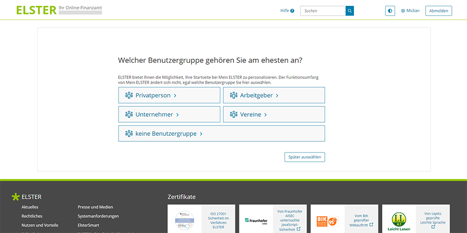 select a user group to personalize your ELSTER profile home page and be assigned to the relevant German Tax Profile