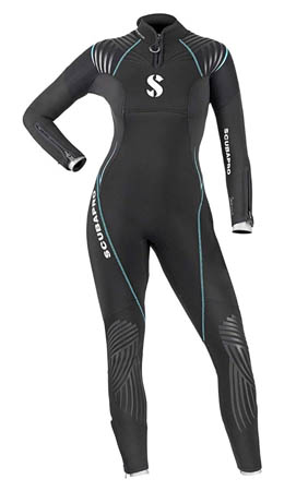 a black neoprene 5mm thick wetsuit for women with grey and blue markings
