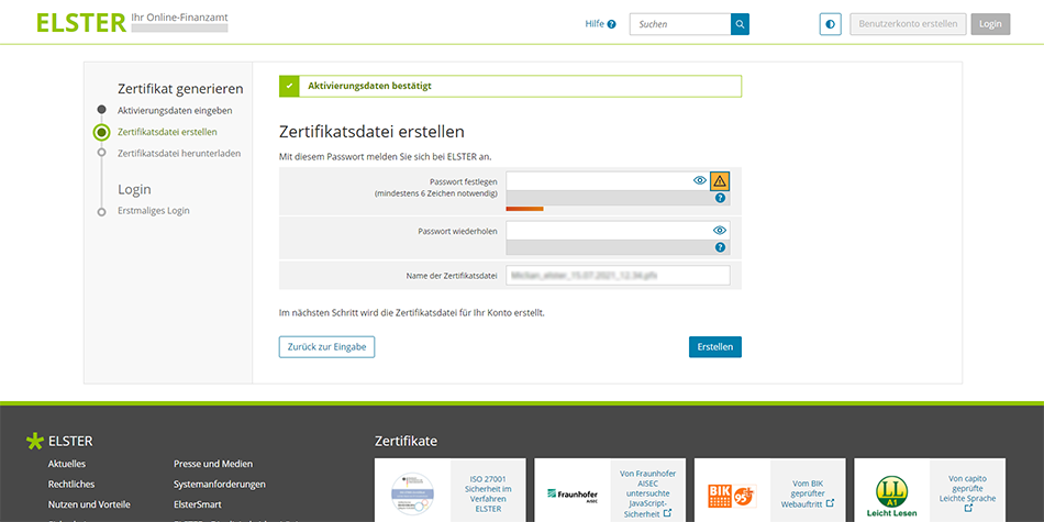 create a password in order to generate a Certificate File (Zertifikatsdatei) on ELSTER