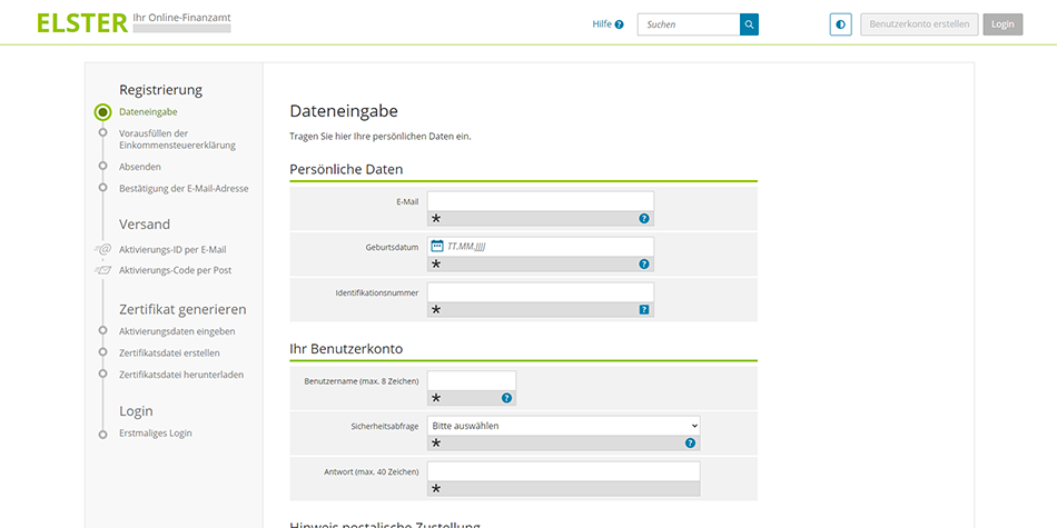 enter your personal data to create a user account on ELSTER