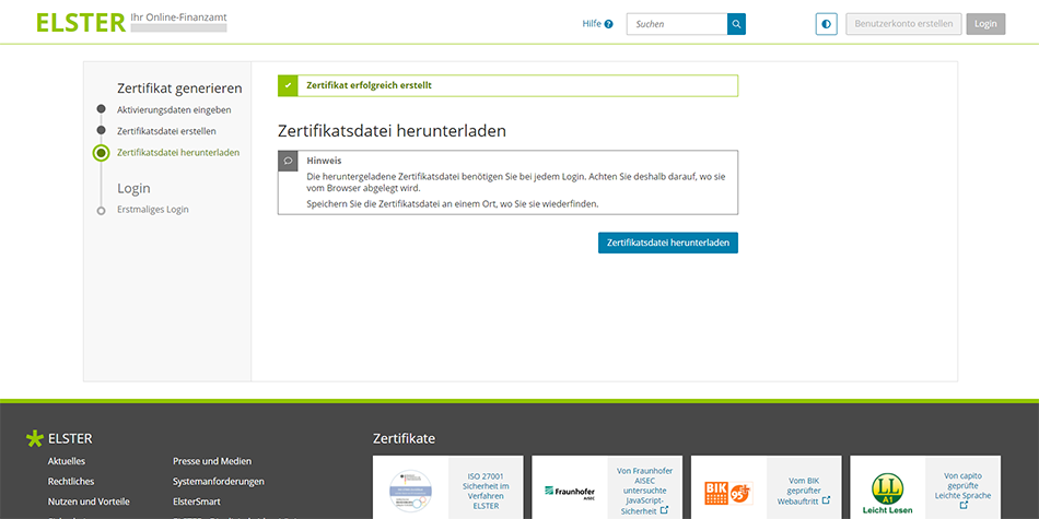 download and save your ELSTER Certificate File (Zertifikatsdatei)