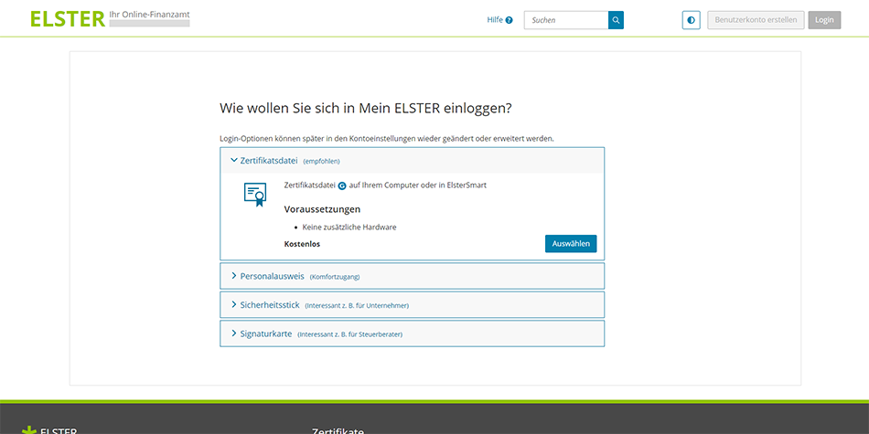 choose to log into ELSTER with a certificate file (zertifikatsdatei) to be able to file your German taxes for free