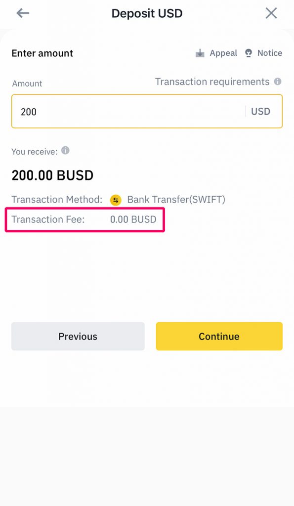 example of transferring USD deposit to binance account for free