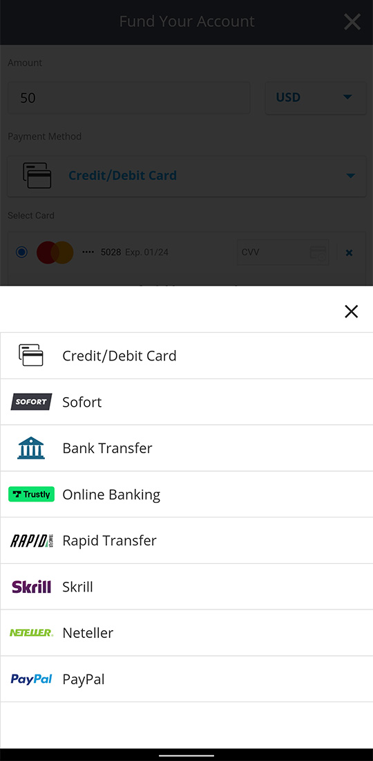 eToro deposit methods include Credit/Debit Card, Sofort, Bank Transfer, Online Banking, Rapid Transfer, Skrill, Neteller and PayPal