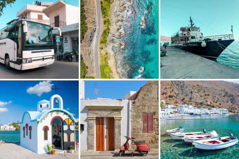 a collage of different modes of transportation on crete from taking public transport and ferries to renting a car or a scooter for getting around