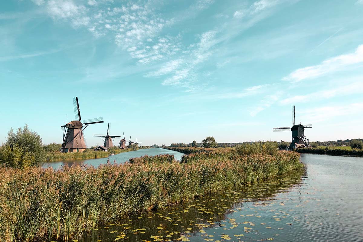 traditional dutch wooden windmills at kinderdijk holland