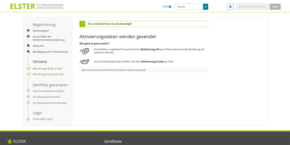 confirmation that your email address has been confirmed and your activation data has been sent to ELSTER