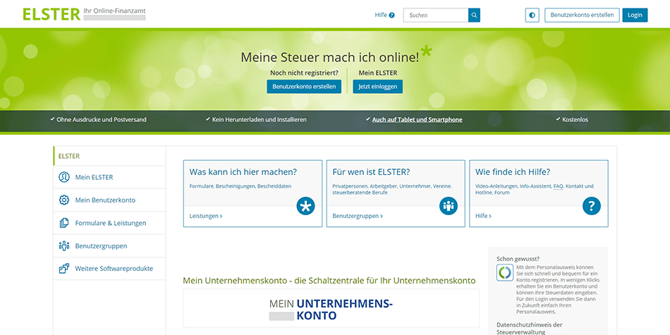 visit the ELSTER website to create an account to get started with taxes in Germany
