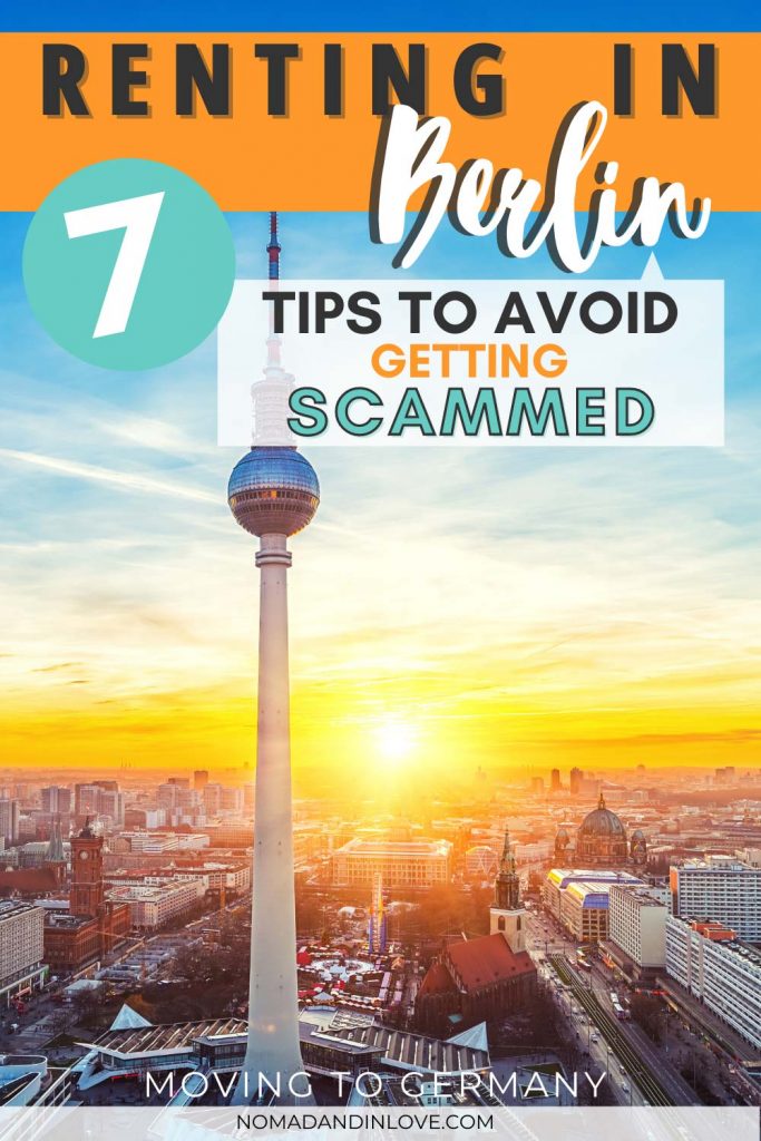 pinterest image of berlin skyline and text that says 7 tips to avoid getting scammed when renting in berlin