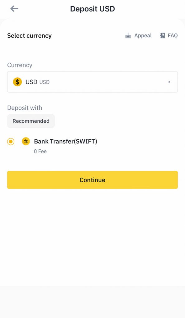 screenshot of how to deposit usd via fiat to binance without fees