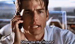 GIF of Tom Cruise shouting show me the money so he can travel for cheap