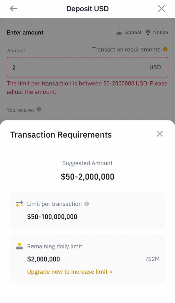 a screenshot of binance app showing the minimum and maximum deposit limits for buying crypto