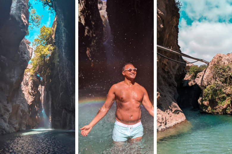 a collage of kourtaliotiko gorge waterfall in crete island greece