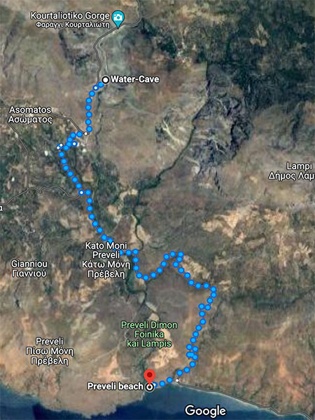 a map of the hiking route from kourtaliotiko gorge waterfall to preveli beach