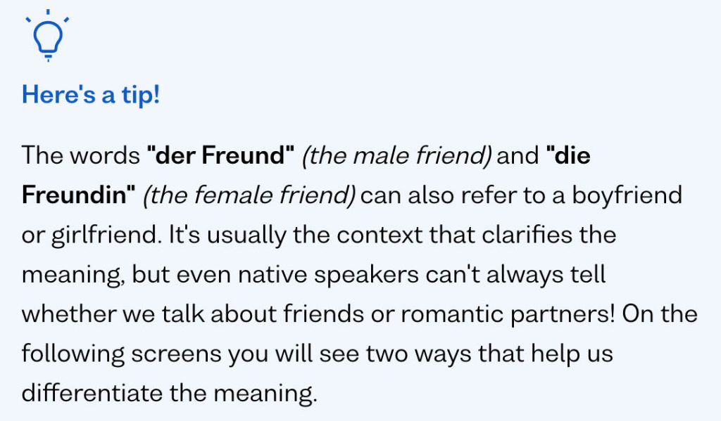 explanation of german language grammar for male friend vs boyfriend on busuu app