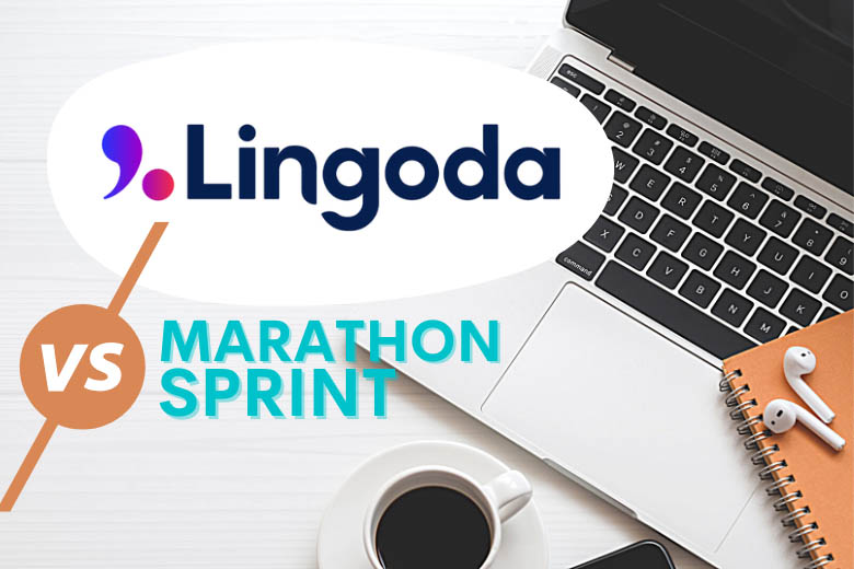 a laptop with a notebook and airpods on top with a text overlay of lingoda marathon vs lingoda sprint 