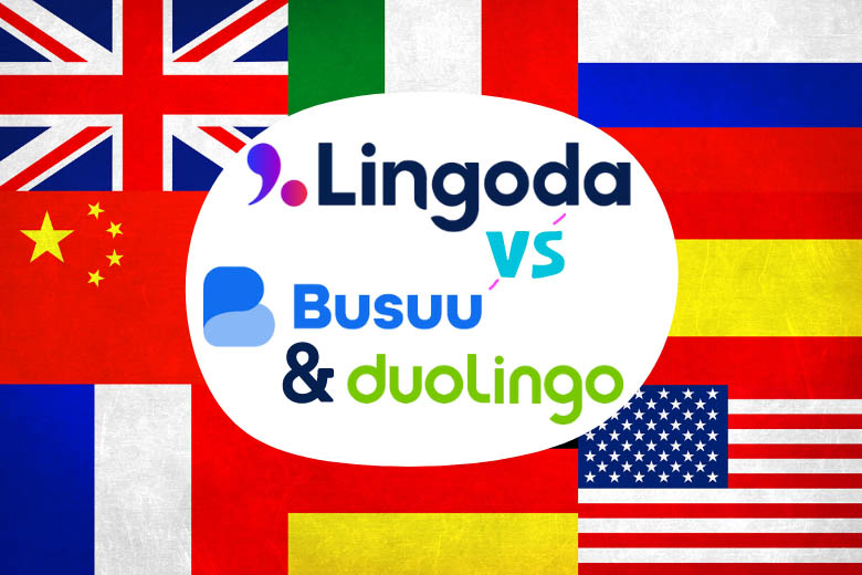 collage of various country flags associated to languages and the text lingoda vs busuu duolingo in the center