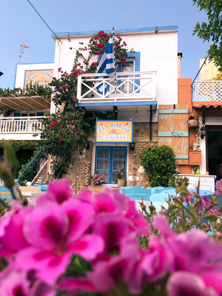 pictures of typical cretan architecture in old town malia framed by bright pink fuschia flowers