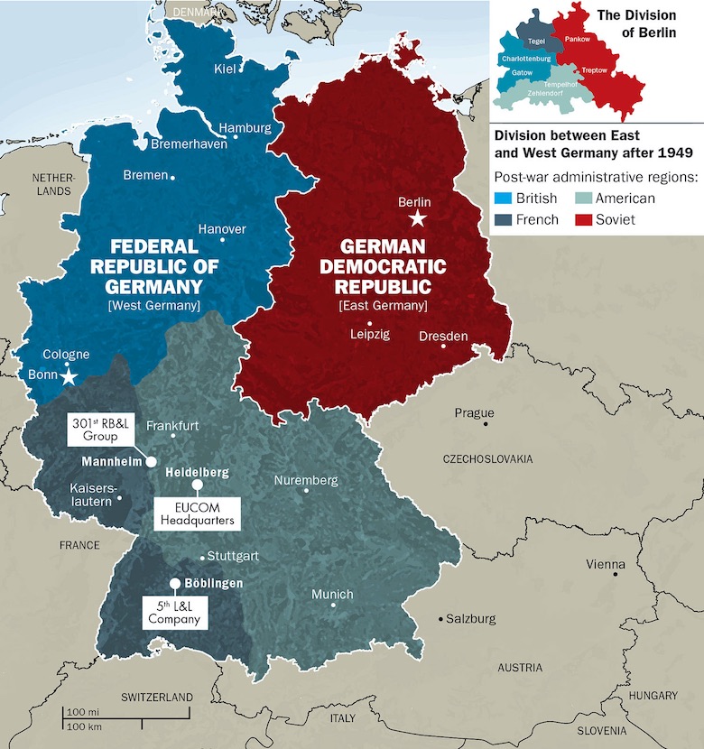 map of how germany as a country as divided into east and west germany during the cold war