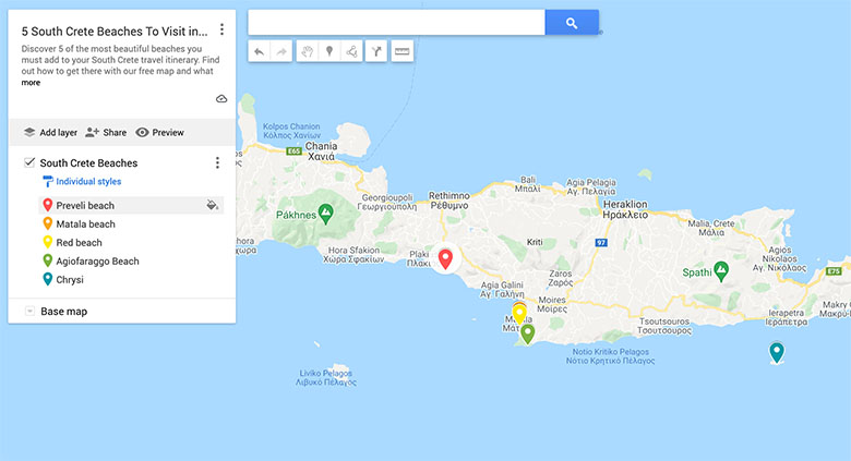 google map of 5 best beaches to visit in south crete greece