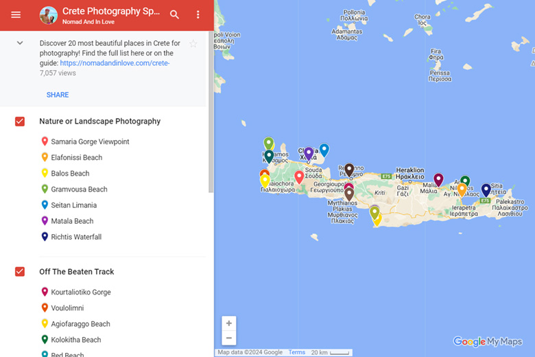 a map for finding the most beautiful photography spots in Crete Greece for instagram pictures