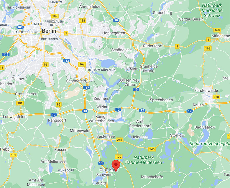 screenshot of google map image of berlin and surrounding brandenburg region with Tonsee shown on the south side of the city