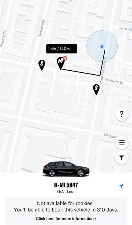 the miles car sharing app showing small and medium sized cars and vans for hire in germany