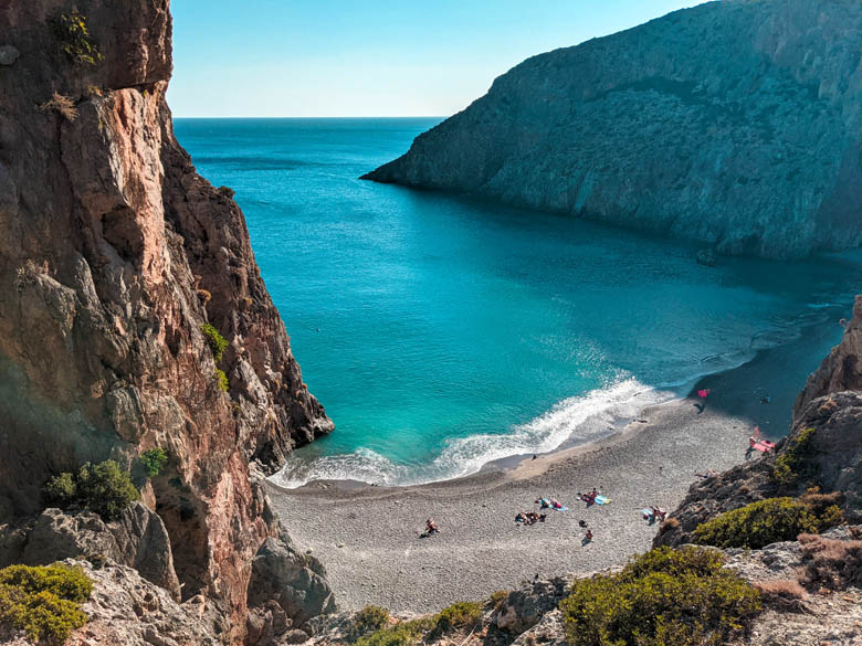 an aerial view of agio farago beach which is one of the beaches in south crete with the clearest water