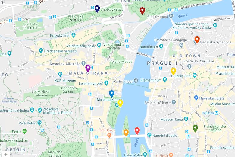 google map for a free self guided walking tour to explore free things to do and places to visit in prague