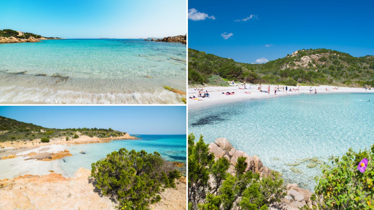 photos of del principe beach in north east sardinia with white sand and turquiose blue clear shallow waters on a sunny day