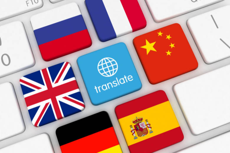 a keyboard with buttons in flags of different countries representing languages to be translated