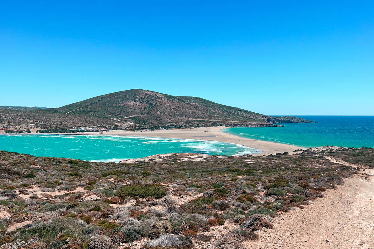 the sand bank at prasonisi beach with two seas on either side