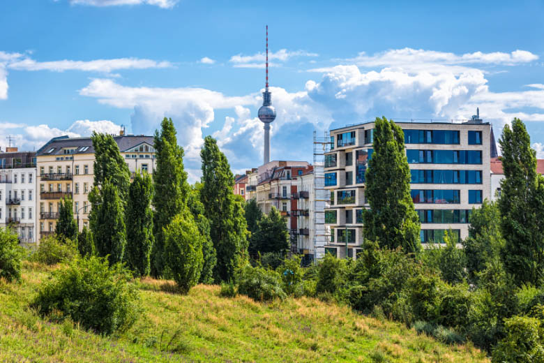 view of prenzlauerberg suburb in berlin from mauerpark