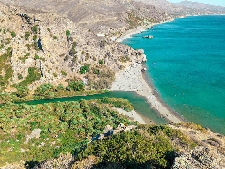 aerial view of preveli beach in crete where the Preveli River meets the Libyan Sea
