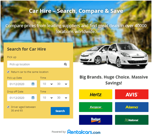 Rentalcars search form to find the cheapest car rental in south africa