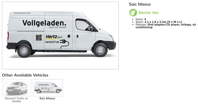 a white saic maxus electric van that you can rent with hertz van sharing service