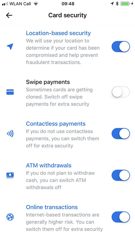 Revolut in app security features with advance card protection features