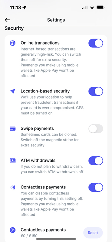 Revolut in app security features with advance card protection features