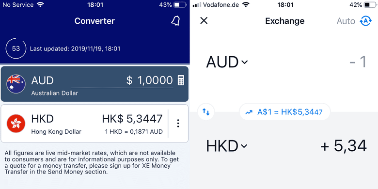 comparison between Revolut exchange rate and XE Currency