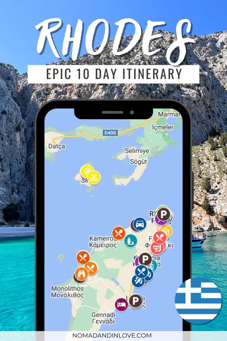 a map to find the best things to do in Rhodes in 10 days from where to stay, where to eat including restaurants, bakeries, coffee shops and bars, where to park including free and paid for parking, the best beaches and hikes to do in Rodos Greece