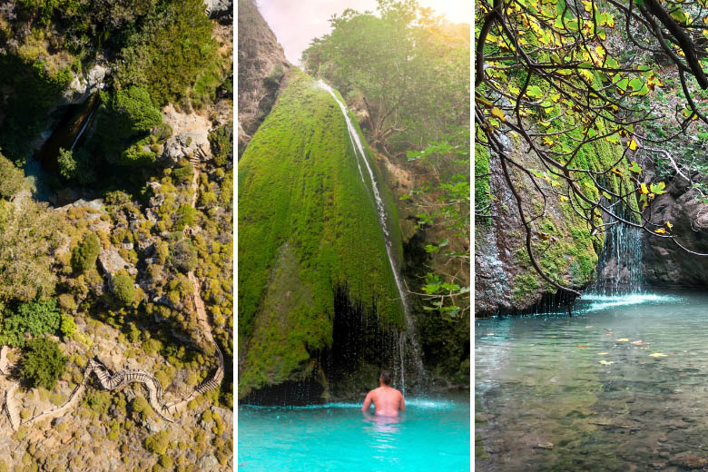 a collage of photos showing an aerial view of richtis gorge hiking trail and the waterfall in crete greece