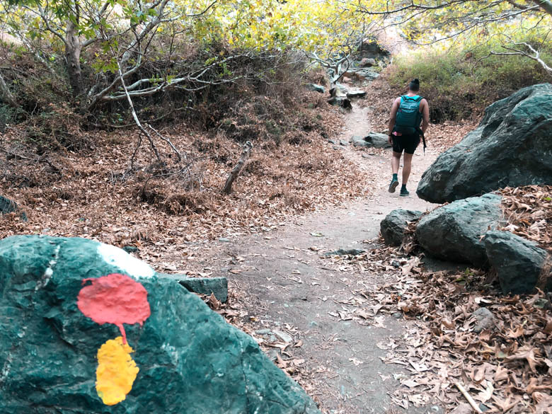 a man hiking on an unpaved path in crete following paint markings along the trail