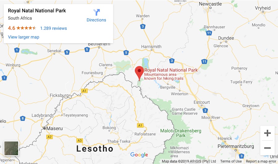 google map of where royal natal national park is located in drakensberg mountains