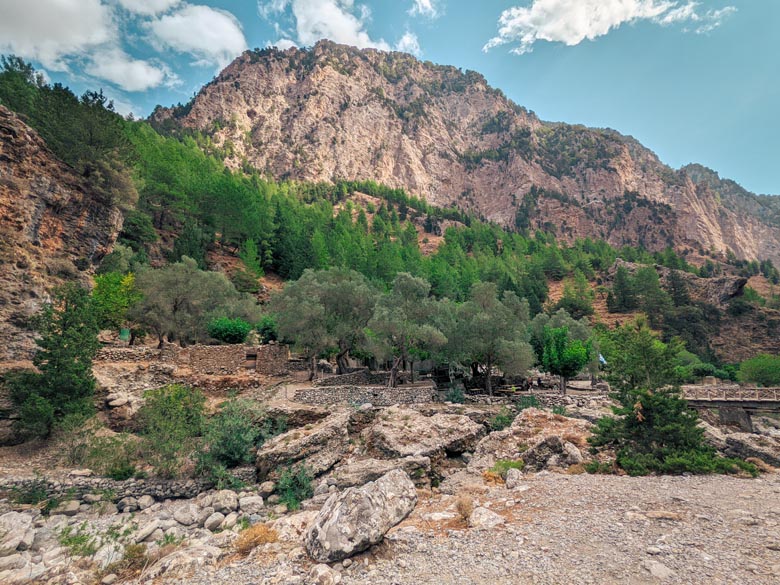 a view of the stone buildings at old samaria village in crete